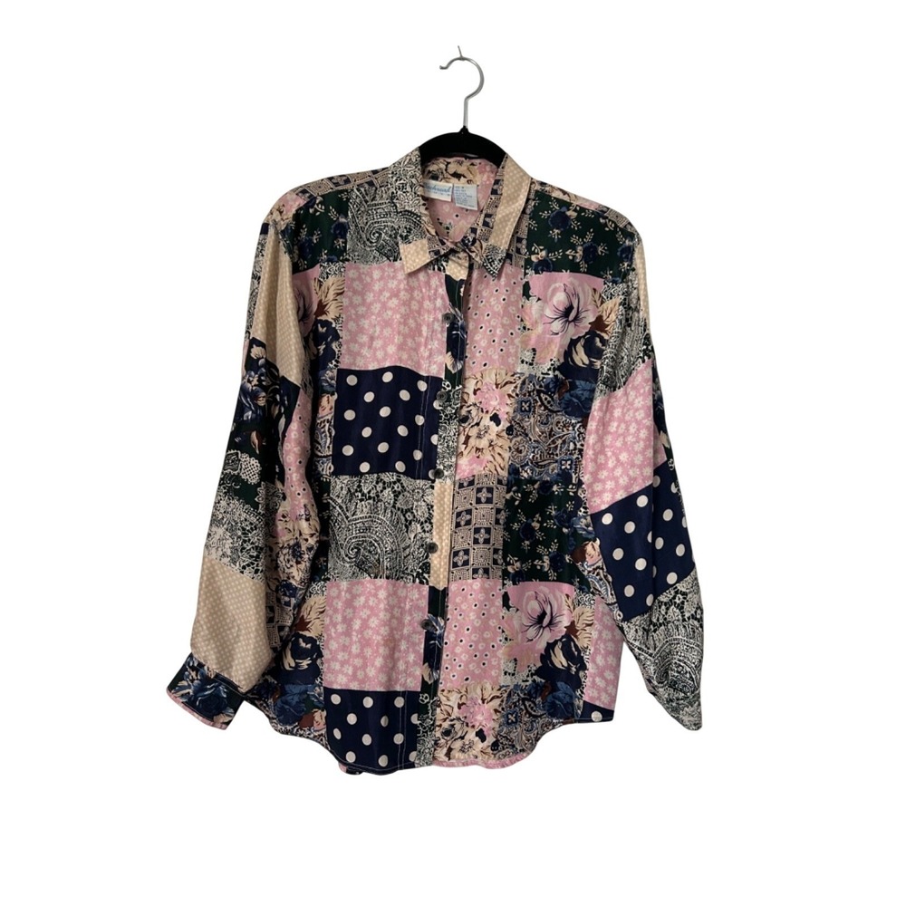VTG Backroad Blues Silk Blouse Size M Pink Black Patchwork Button Up Art to Wear
